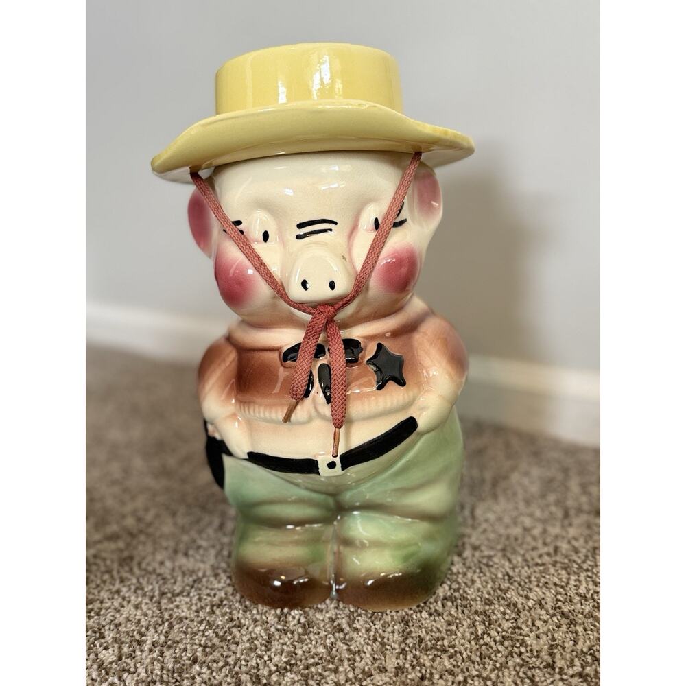 Vintage Pottery Roseville RRP Co Robinson Ransbottom Cookie Jar Sheriff Pig Read